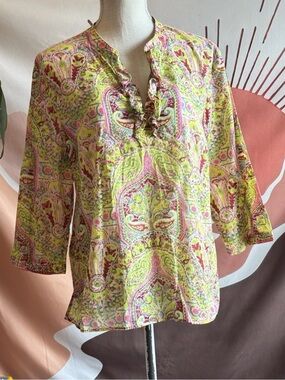 Talbots Top Women’s Size Large Peasant Tunic Lightweight Ruffled Neck Blouse